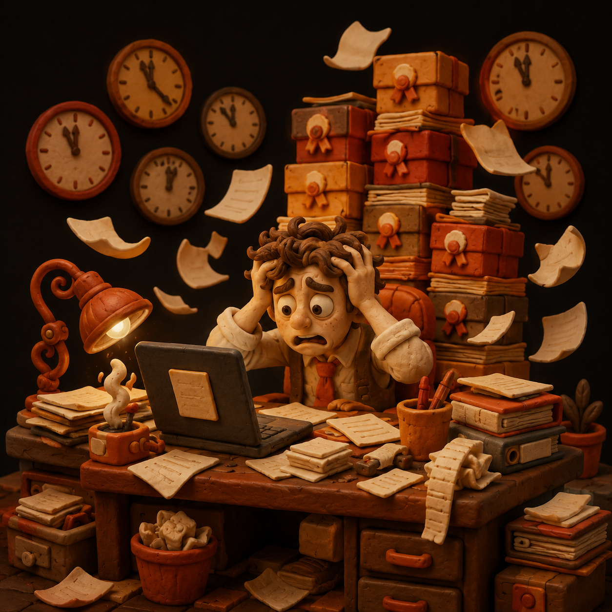 An overwhelmed affiliate marketer buried in paperwork and deadlines