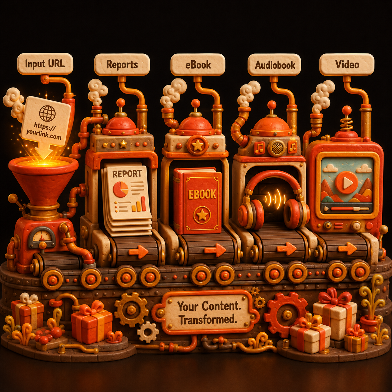 The four-step Bonus Factory pipeline on a conveyor belt