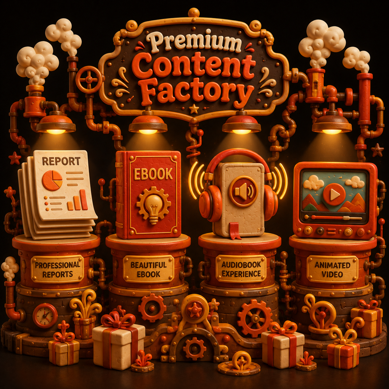 The four Bonus Factory products on pedestals