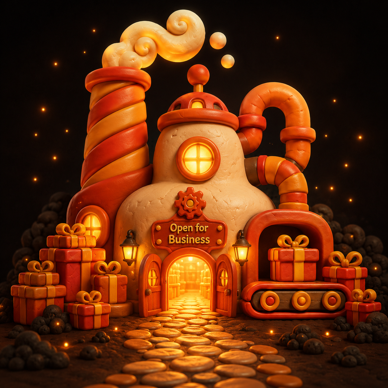 The Bonus Factory at night, lit up and open for business